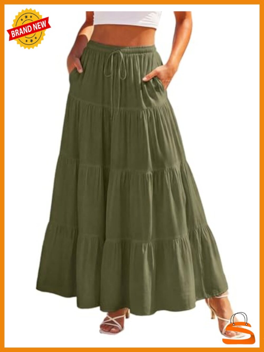 Flowy Tiered Renaissance Maxi Skirt with Pockets Elastic High Waist A-Line